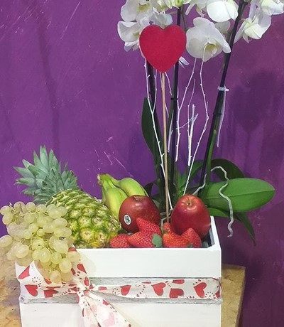 CAJA DE FRUTAS CON PLANTA PHALEOPNOSIS